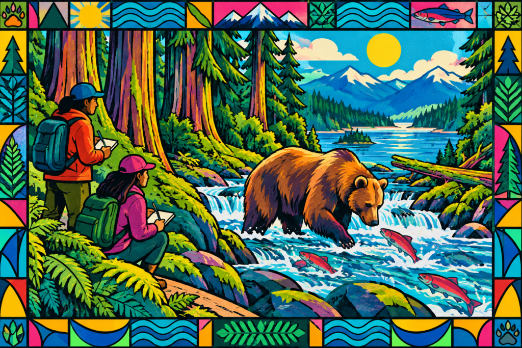 Conceptual illustration of two community stewards observing a grizzly bear beside a salmon stream.
