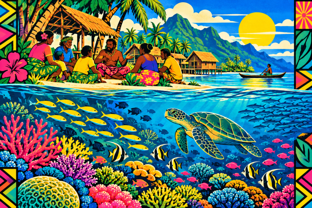 Conceptual illustration of a coastal community gathering above a colourful coral reef.