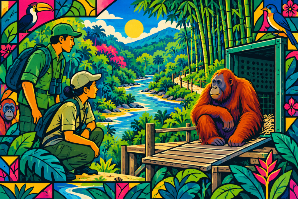 Conceptual illustration of conservation workers observing an orangutan near a transport enclosure.