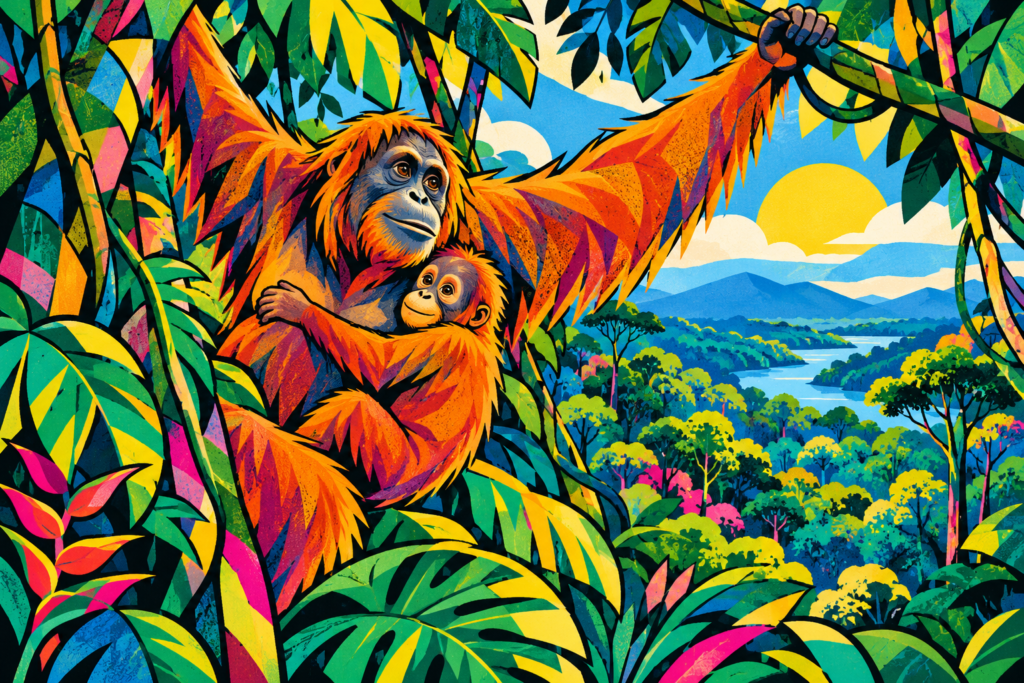 Illustration of an orangutan mother and infant in a tropical forest.
