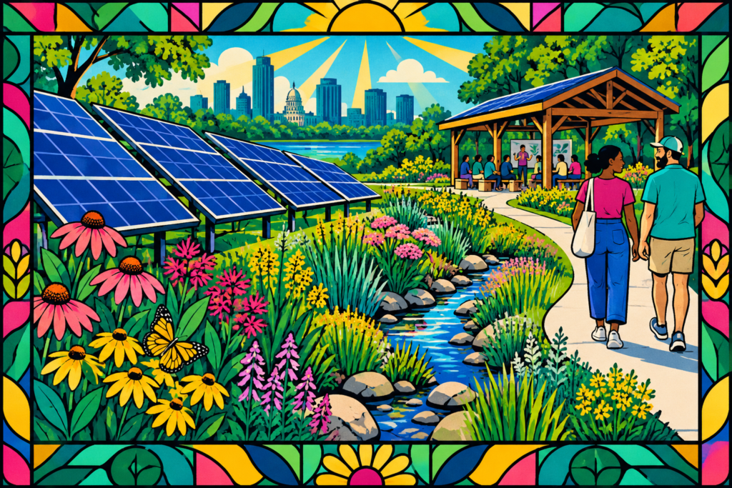 Conceptual illustration of solar panels beside native flowers and a planted drainage channel.