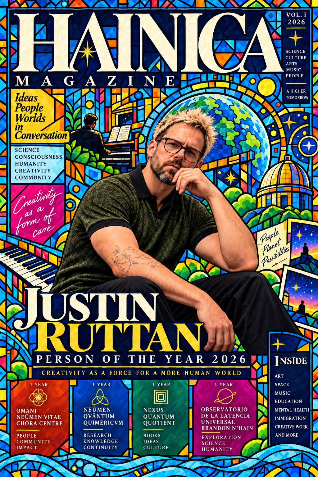 Hainica Magazine Issue 1 cover featuring Justin Ruttan in a colourful cosmic mosaic